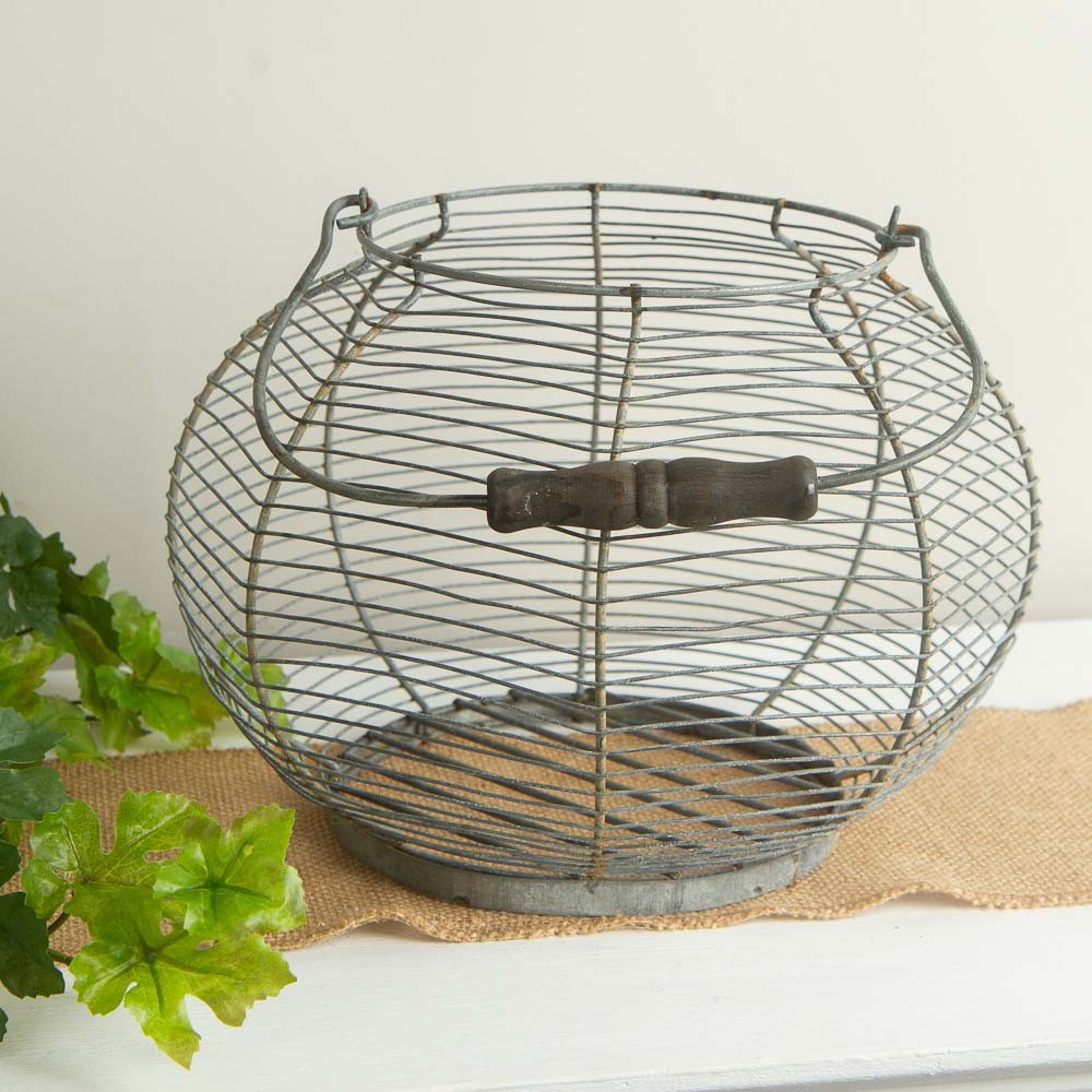 11" Diameter Rusty Zinc Round Wire Egg Basket with Handle