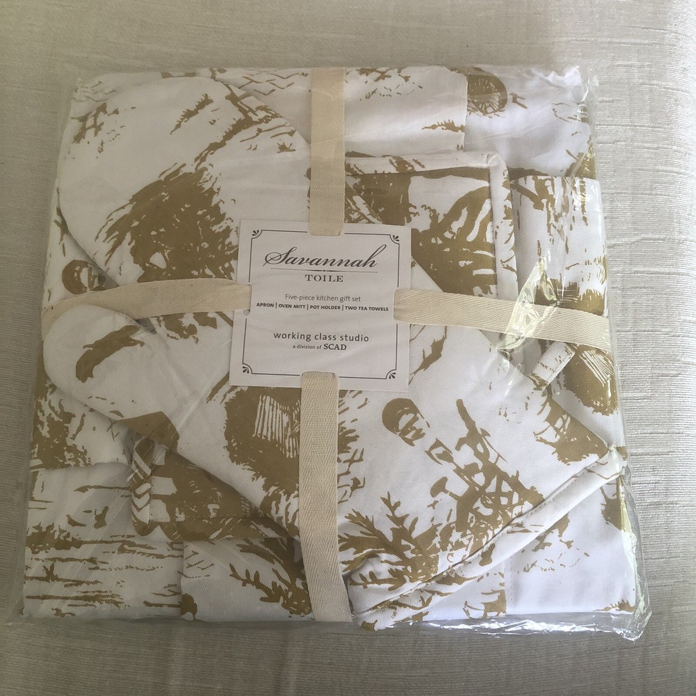 Working Class Studio Savanah Toile Cotton Kitchen Gift Set Mustard NIP