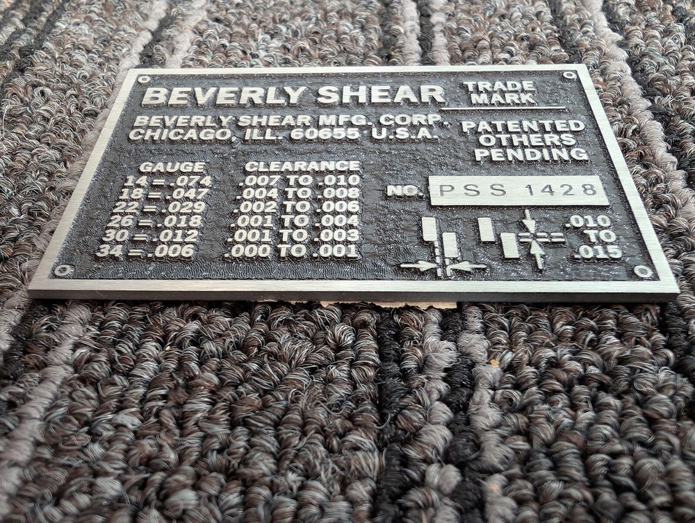 Original Beverly Shear Manufacturing Co. Rectangular Name Plate