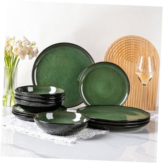 Ceramic Dinnerware Sets for 4,Wavy Service for 4-12pcs Wavy-Modern Green