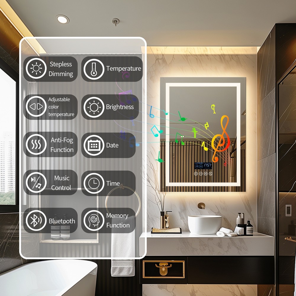 WISFOR Smart LED Lighted Bathroom Mirror with Bluetooth Speaker, Digital Display