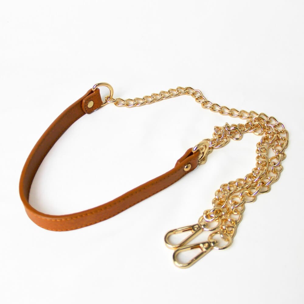Center Leather Chain Shoulder Strap (Light Brown) - Cotton Raffia