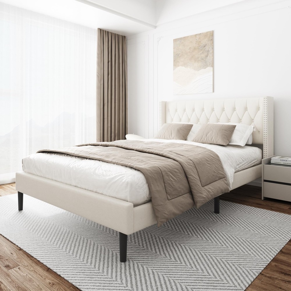 Queen Size Bed Frame, Upholstered Platform Bed with Wingback Headboard, Velve...