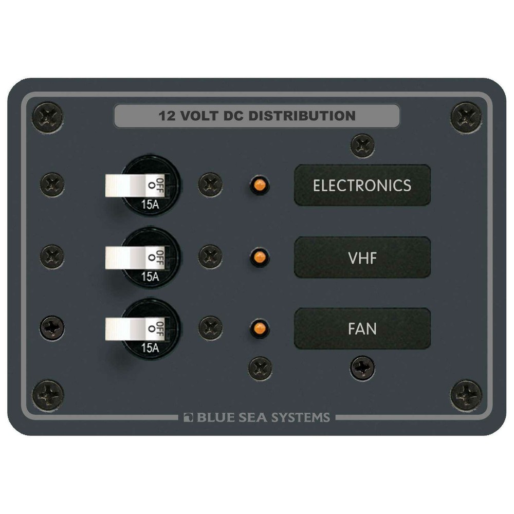 Blue Sea 8025 Power Distribution Panel 12V 24V DC 3 Pos Marine Breakers Backlit