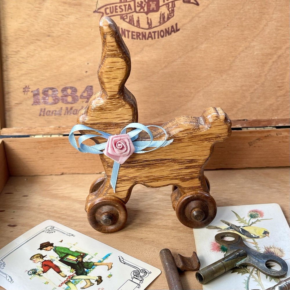 Vintage Wooden Bunny Rabbit Rolling Push Toy Missing Pull String Nursery Decor