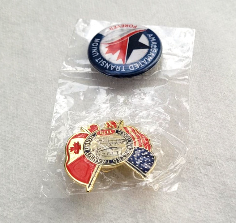 Amalgamated Transit Union 1179 Pin & Button US Canada Flag ~ Heroes Work Here