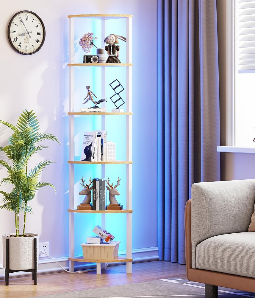 VIMBER 6-Tier Corner Shelf with LED Light, Industrial Corner Ladder Shelf, Rusti