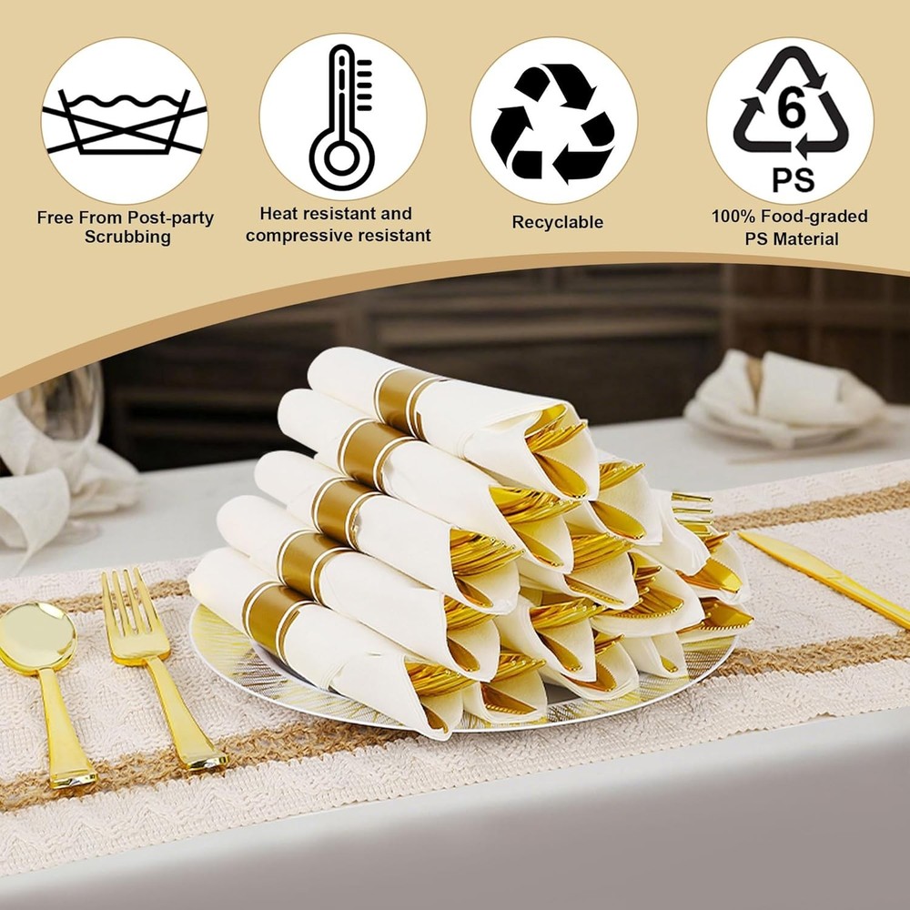 200PCS Disposable Pre-wrapped Silverware 50 Guests Elegant Gold Plastic