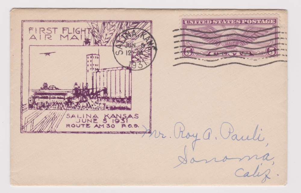 Early First Flight Cover (airmail) C12 Saline KS