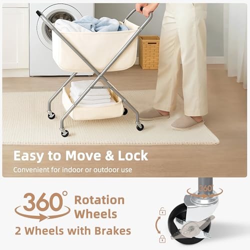 Collapsible Laundry Cart with Wheels 31.5"H Rolling Laundry Hamper Beige