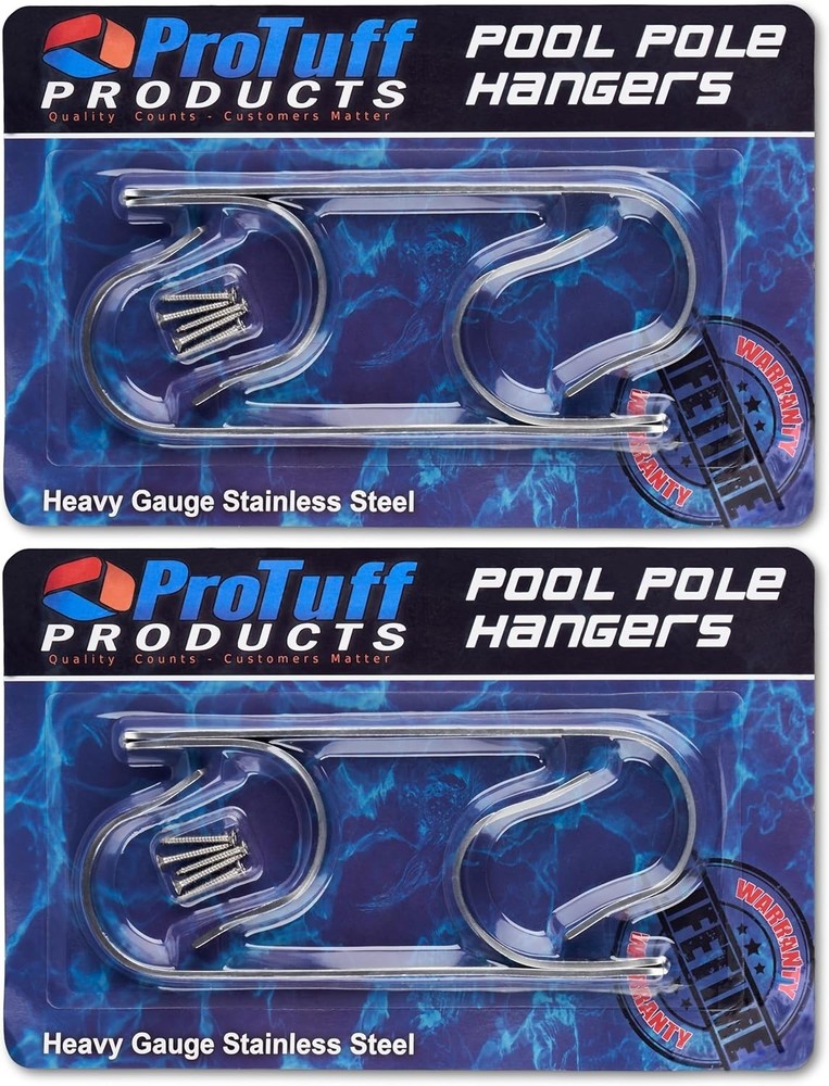 ProTuff Pool Pole Hanger Set 2 Pack Stainless Steel Utility Hooks Rust-Proof