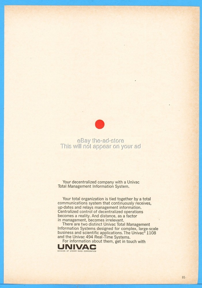 1967 UNIVAC Sperry Rand Computer Total Management Information System Ad
