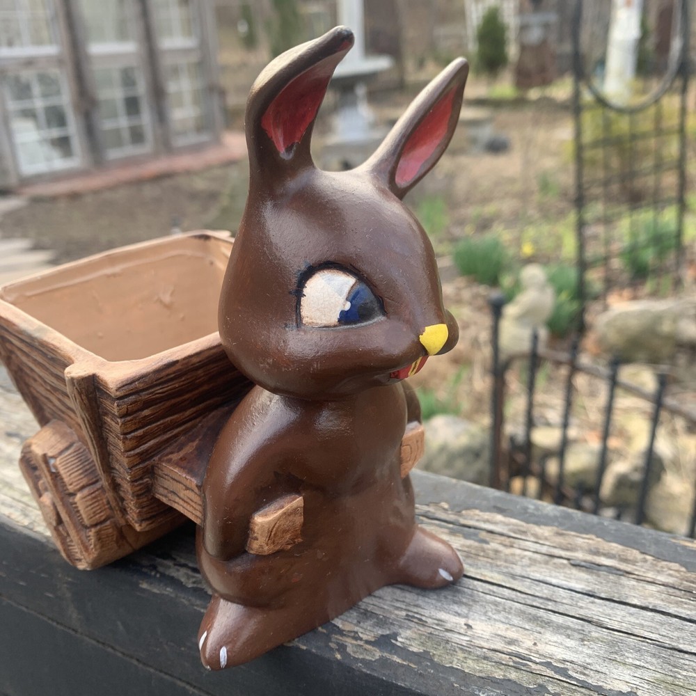 Vintage 1974 Ceramic Easter Bunny Rabbit Pulling Cart Candy Dish,Hand Painted 6"