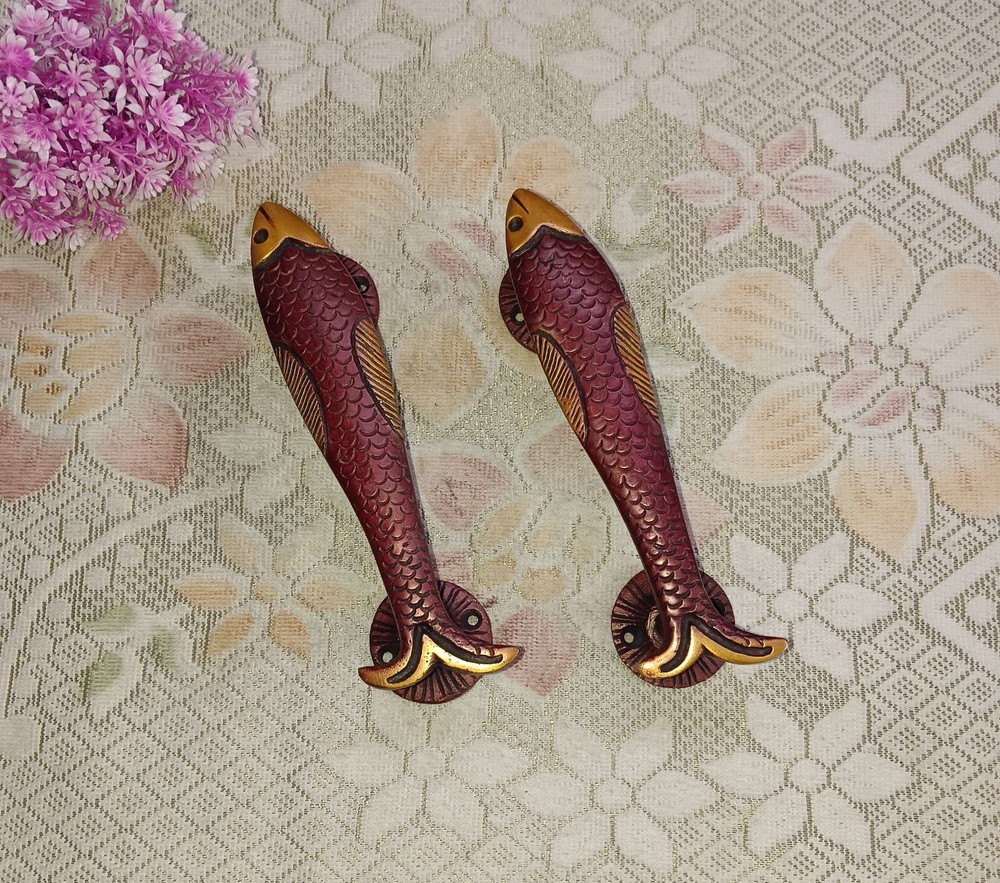 Tuna Fish Door Handle Pair Brass Nautical Themed Interior Door Pull Decor CA074
