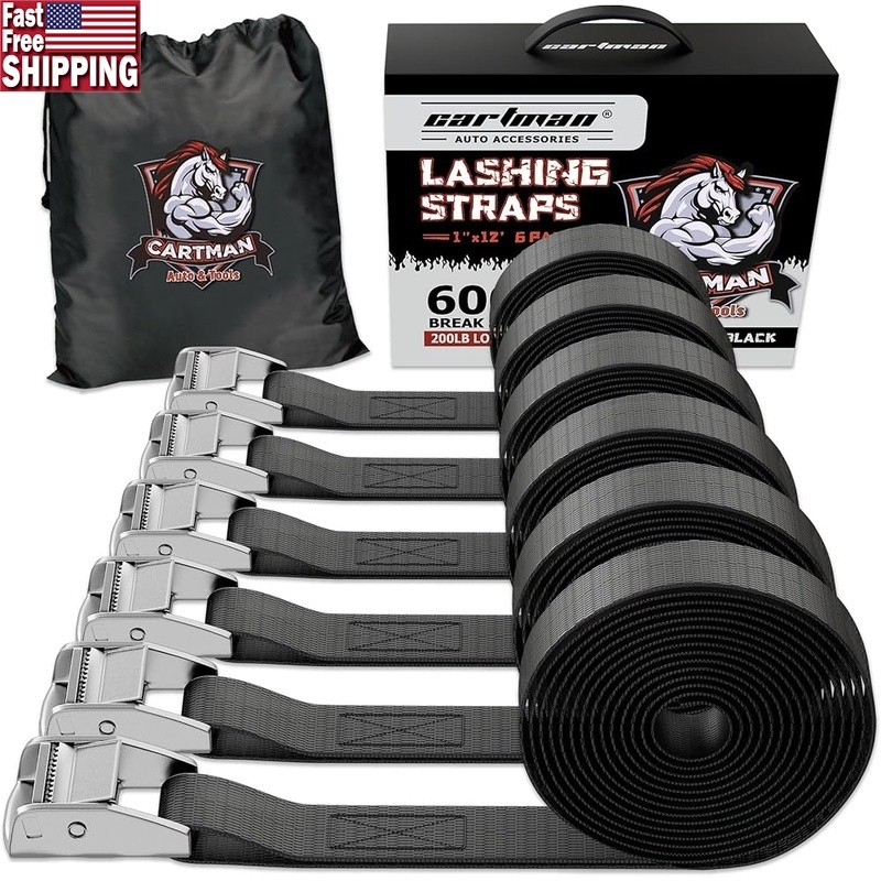 12ft Lashing Strap 6 Pack Heavy Duty Cargo Tie Down Load Secure 200lbs Capacity
