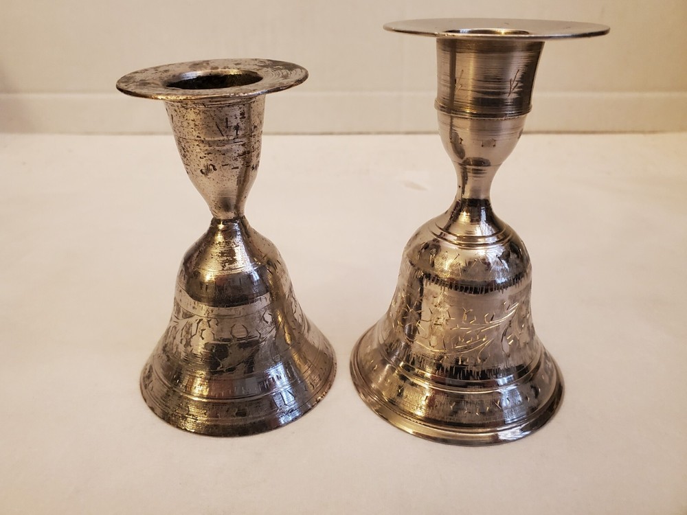 ANTIQUE INDIAN DINNER BELL/CANDLESTIK HOLDERS SET - PRE OWNED