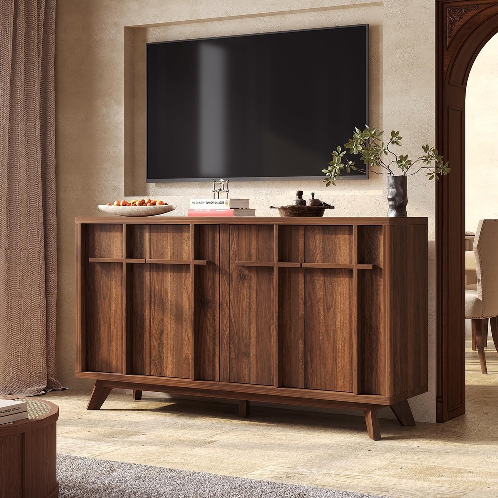 Sideboard Buffet Cabinet 59" 4 Doors Walnut
