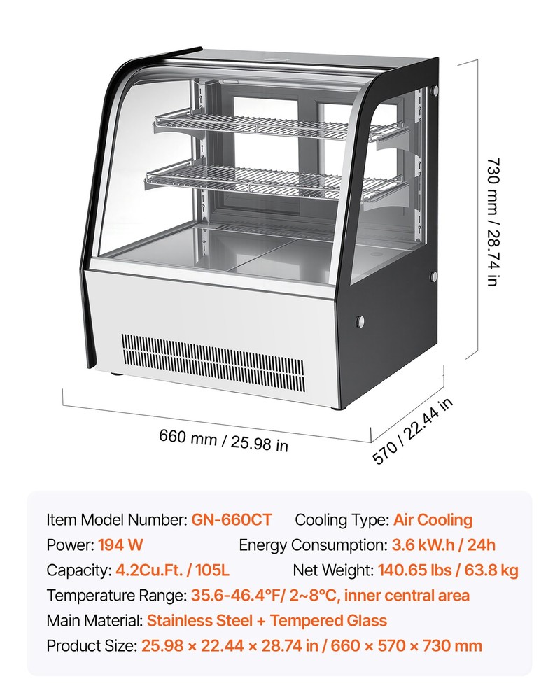 VEVOR Refrigerated Display Case Bakery Display Fridge Case 4.2 cu ft/105L 2-Tier