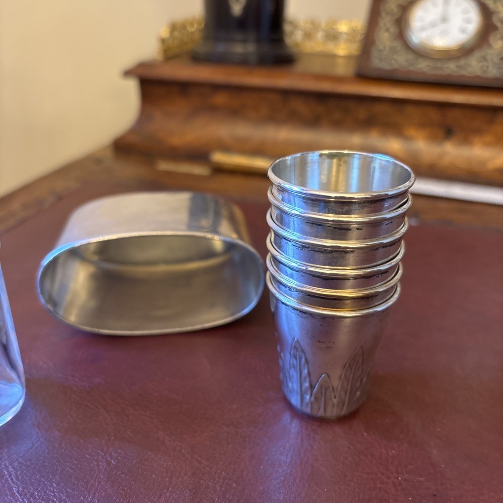 Solid silver hip flask c1900 & Six Antique Continental Solid Silver Shot Cups