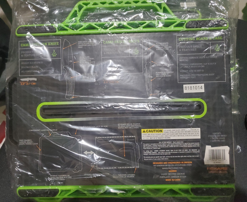 Gerber camping knife set with cutting board /tray and sharpener /case AUTHENTIC