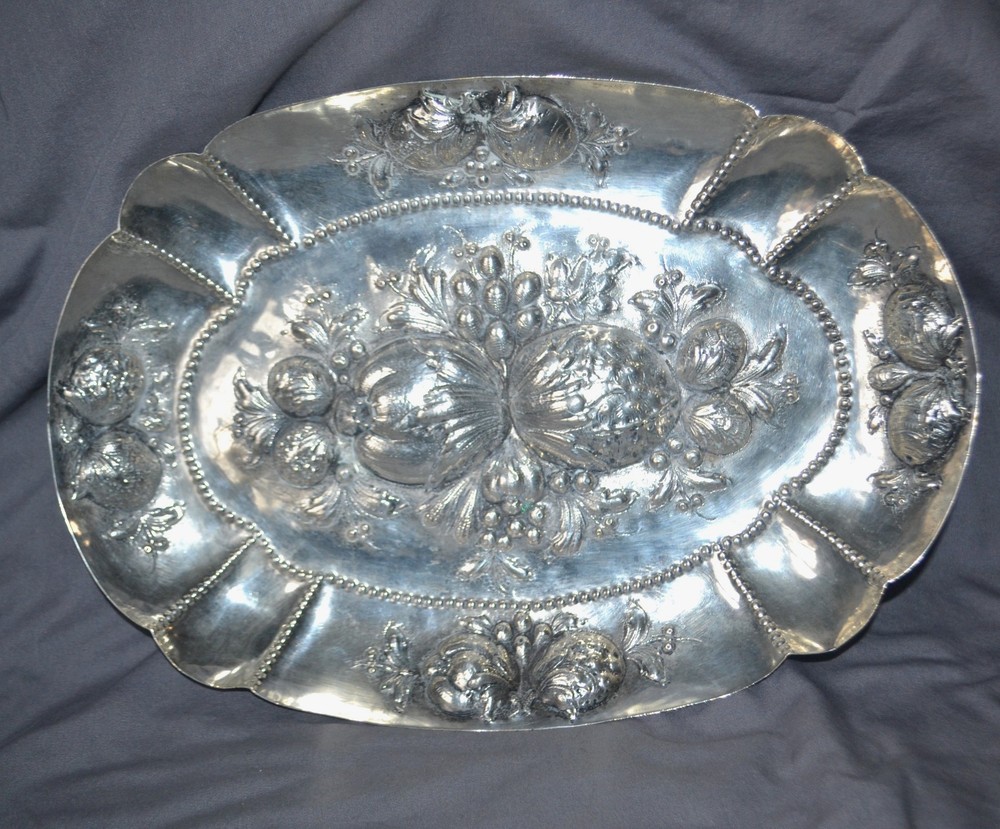 Antique German 800 Silver Repousse "Fruit" Tray Bowl