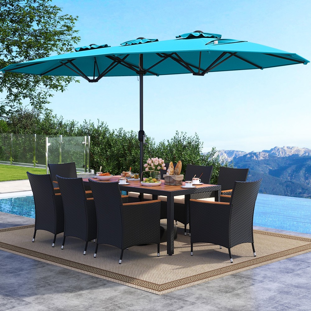 11PCS Patio Wicker Dining Set w/Double-Sided Outdoor Umbrella 8 Stackable Chairs