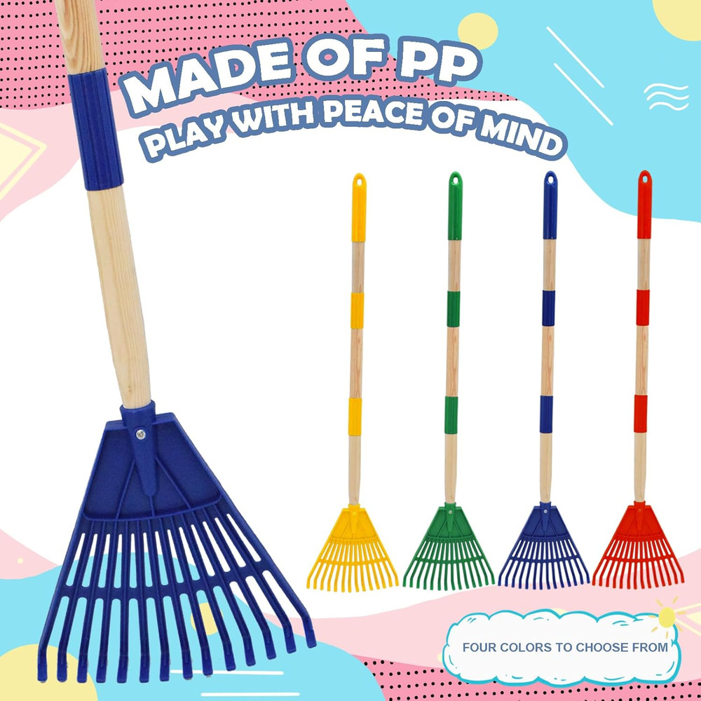 Kids Leaf Rake - 3-Section Adjustable Handle, Lightweight, Wood & Plastic, Small