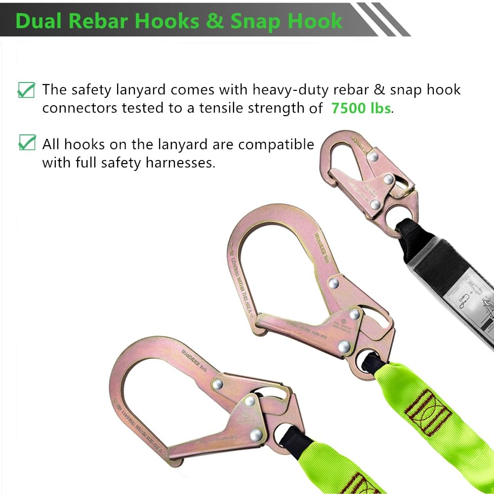 6FT Double Leg Internal Shock Absorbing Safety Fall Protection Large, green