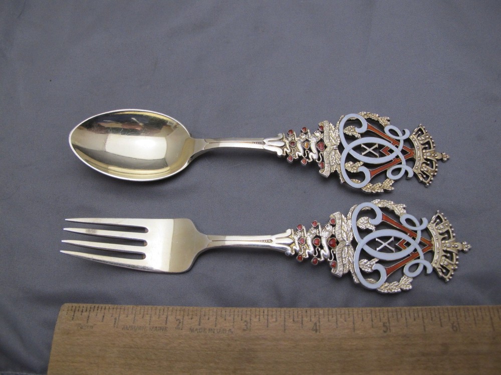 A. MICHELSEN Gilt Sterling KING CHRISTIAN X 25 Year Reign 1937 Spoon & Fork