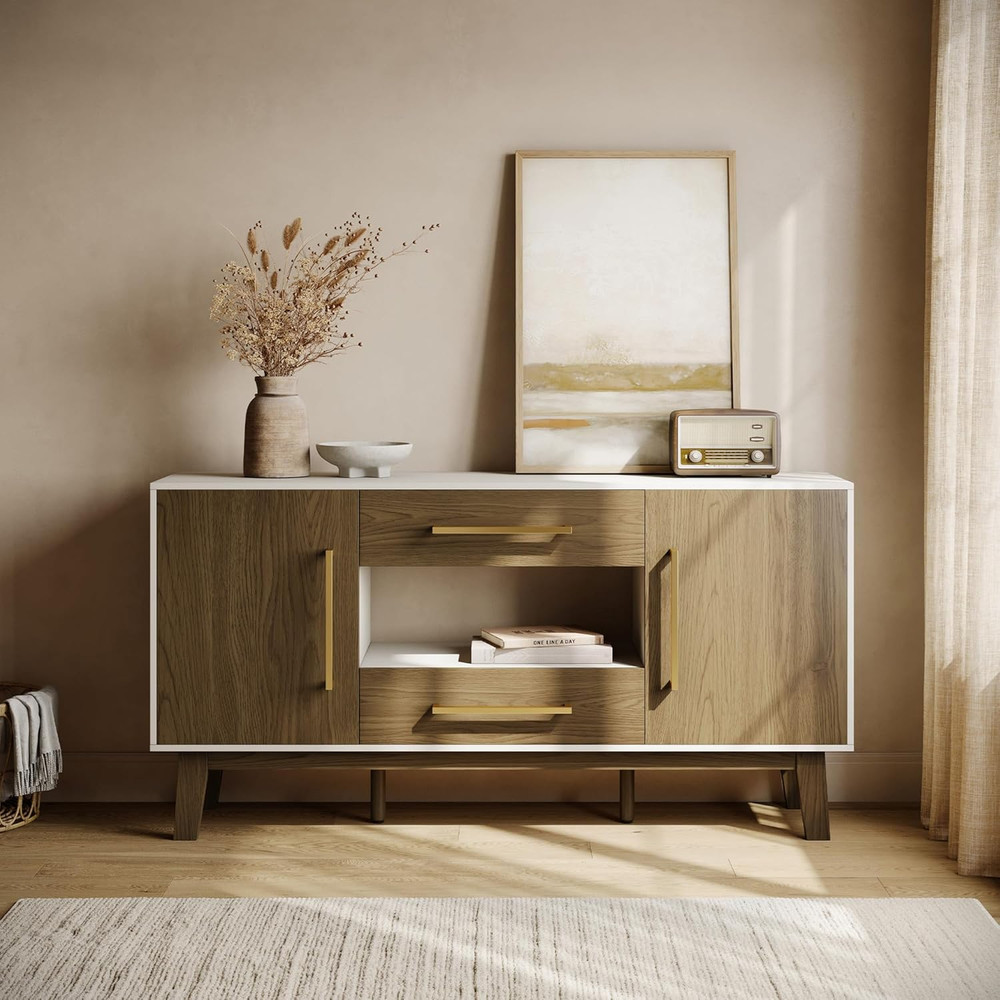Mid-Century Modern Side Table with Drawers & Cabinets - Dark Walnut