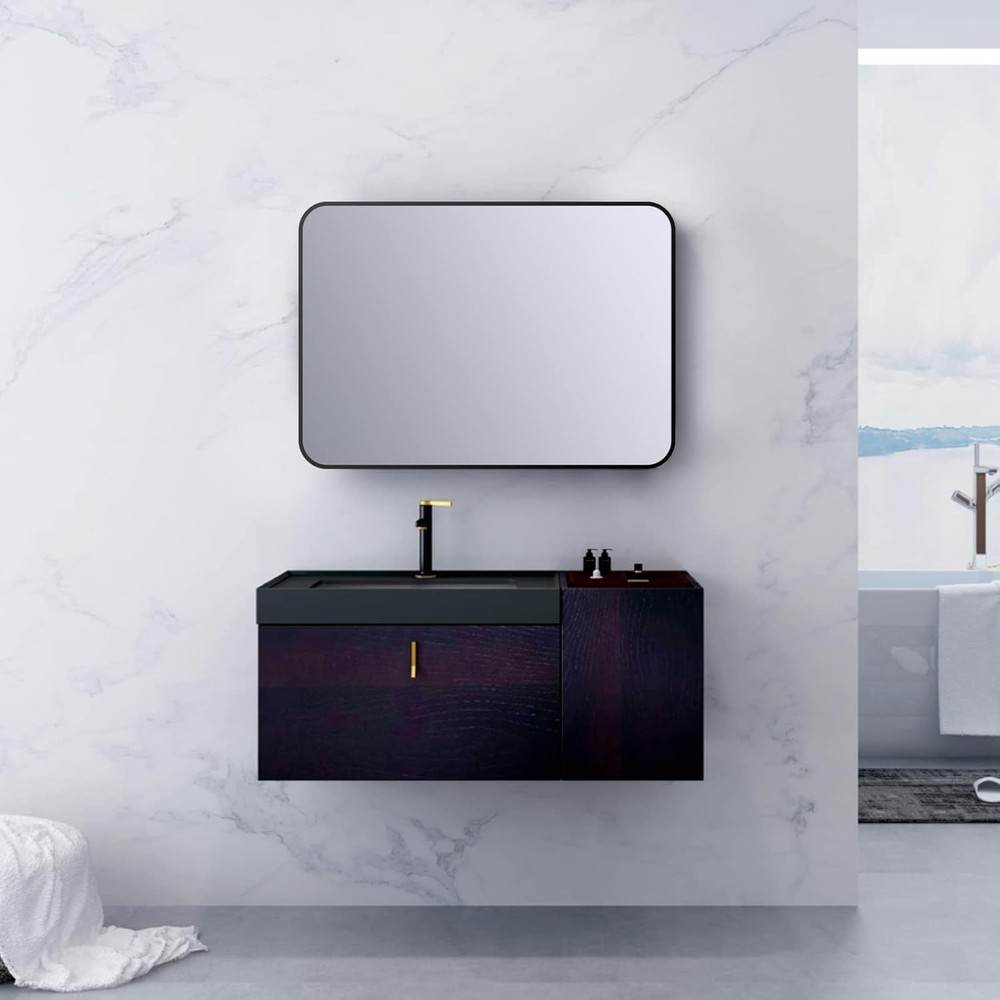 Black Metal Framed Mirror Rectangle Wall Mount Bathroom Vanity Mirror 30” X 36”