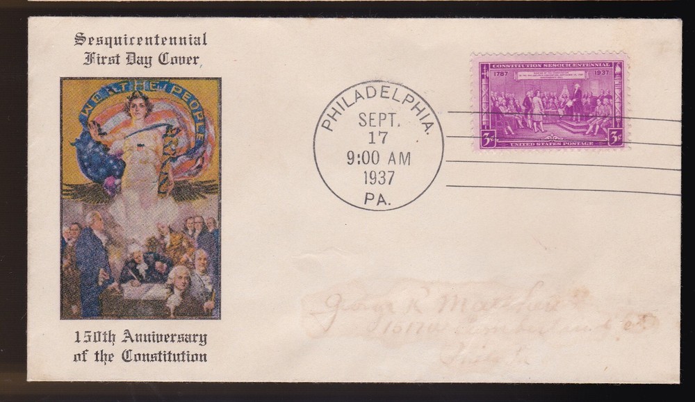CONSTITUTION #798 US FIRST DAY COVER 1937, UNKNOWN CACHET FDC