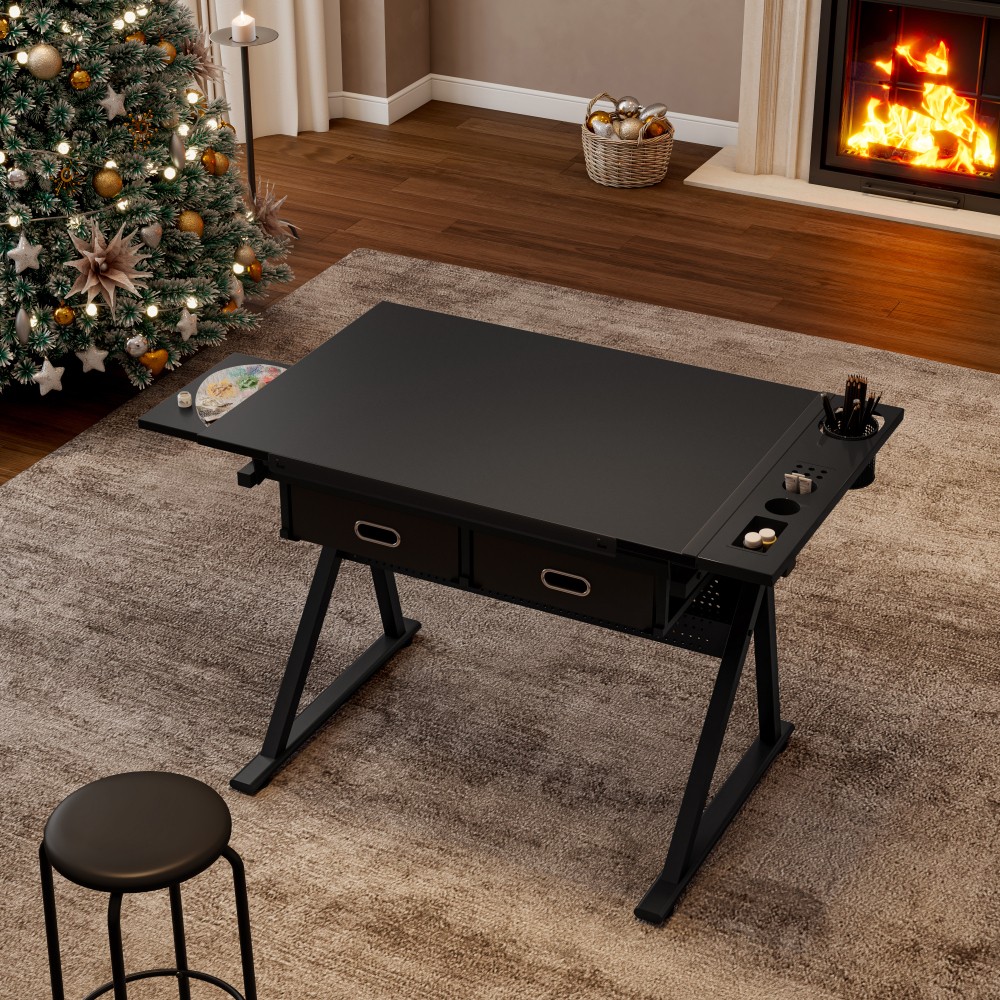 Adjustable drawing drafting table desk for home office and school with stool