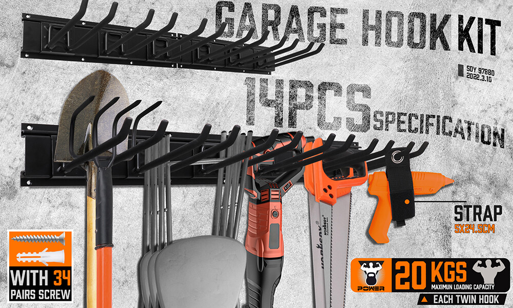 Garage Tool Organization 9pc Double Hooks Holder 64" Utility Rack Wall Mount