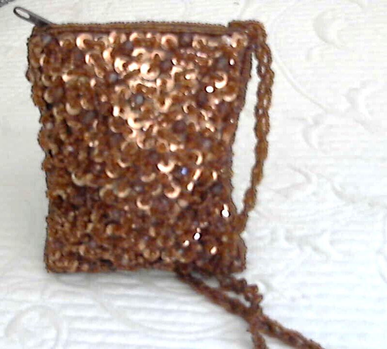 Small Copper Sequin/Bead Coin Purse 23" Braid Bead Strap 4"x3.5"