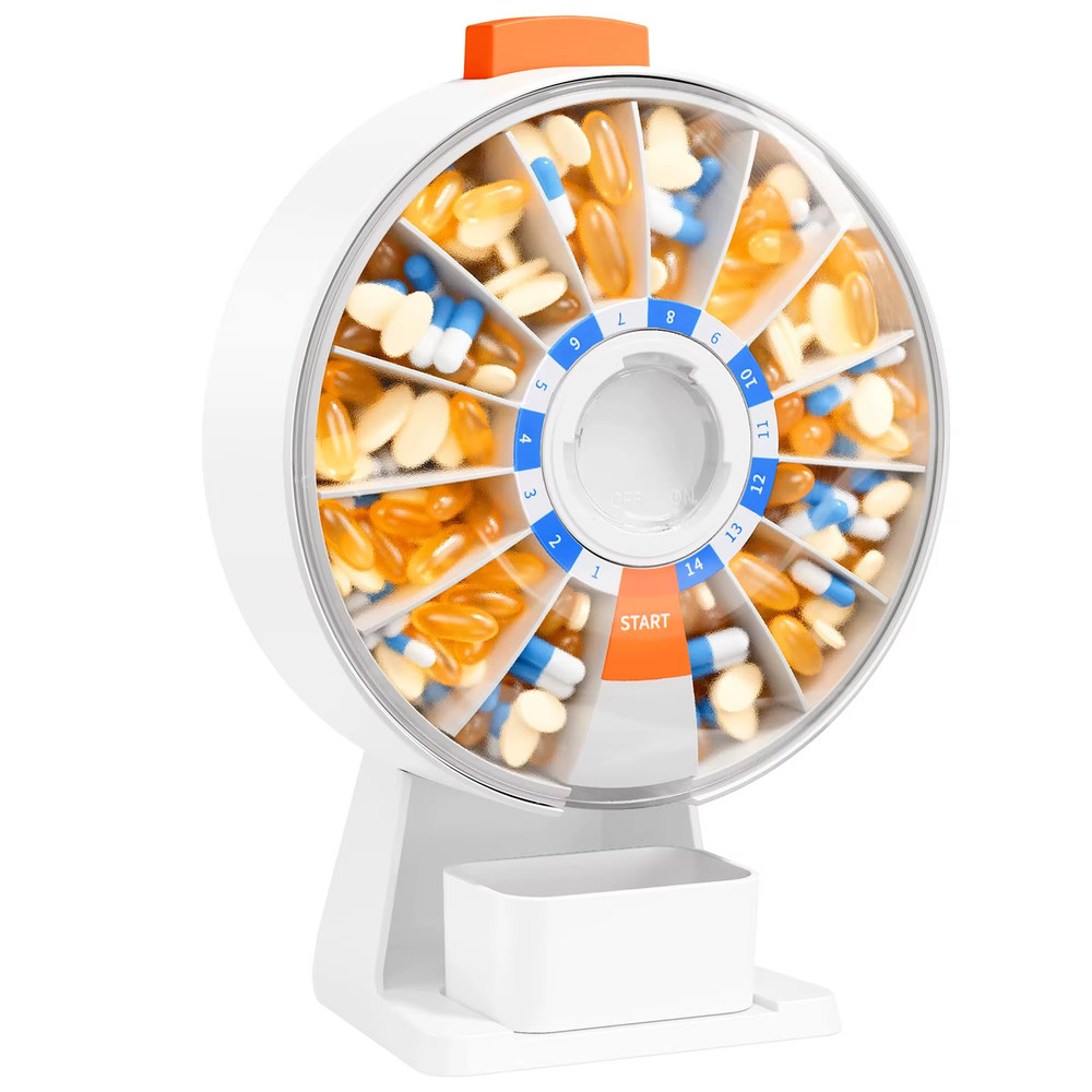 Large 14-Day Pill Organizer with Push Button Design - Wall-Mounted or Standing