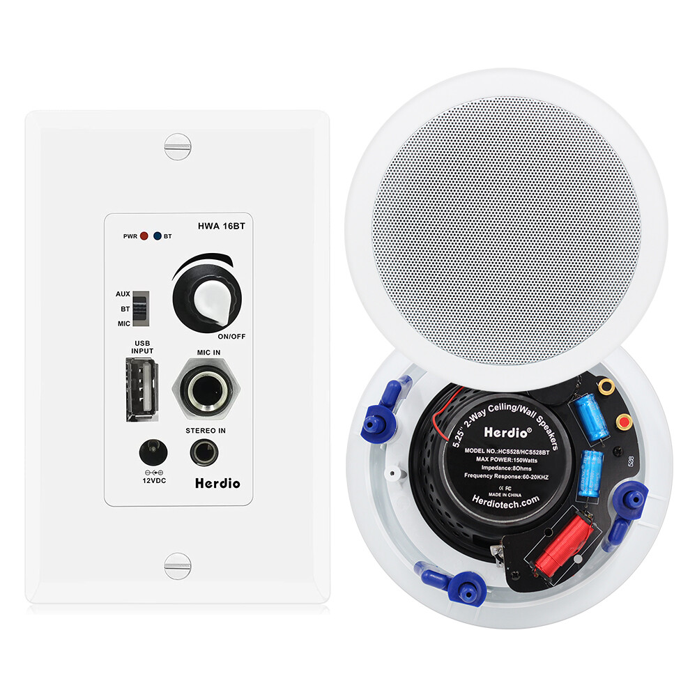 Herdio 300W Kitchen Ceiling Speakers Bluetooth Wall USB AUX Wall Mount Amplifier