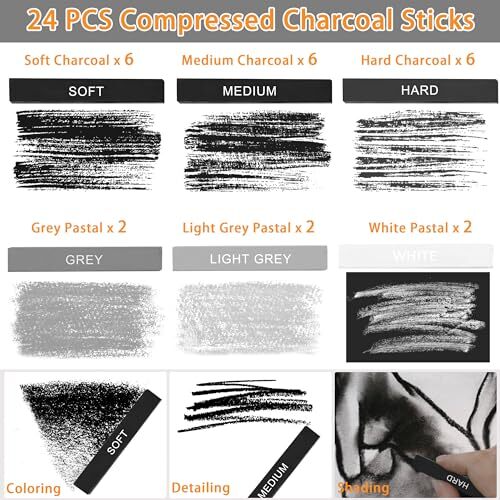 24 Pcs Compressed Charcoal Sticks with Soft Medium Hard and White Charcoal - ...