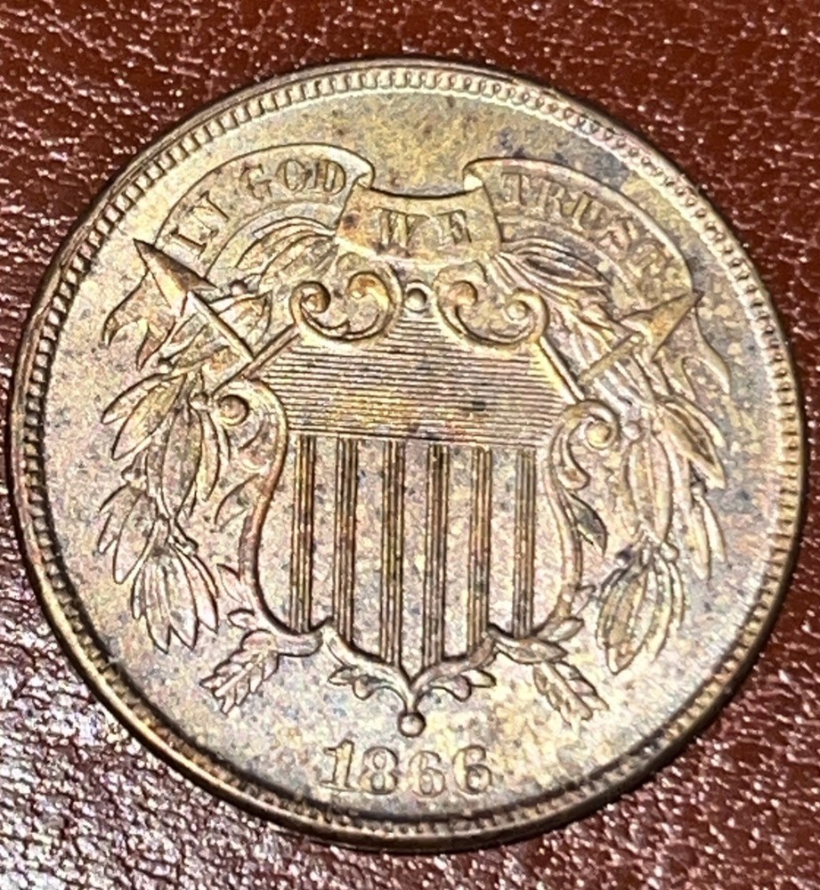 1866 2C Two Cent Rainbow Toned UNC High Grade Coin