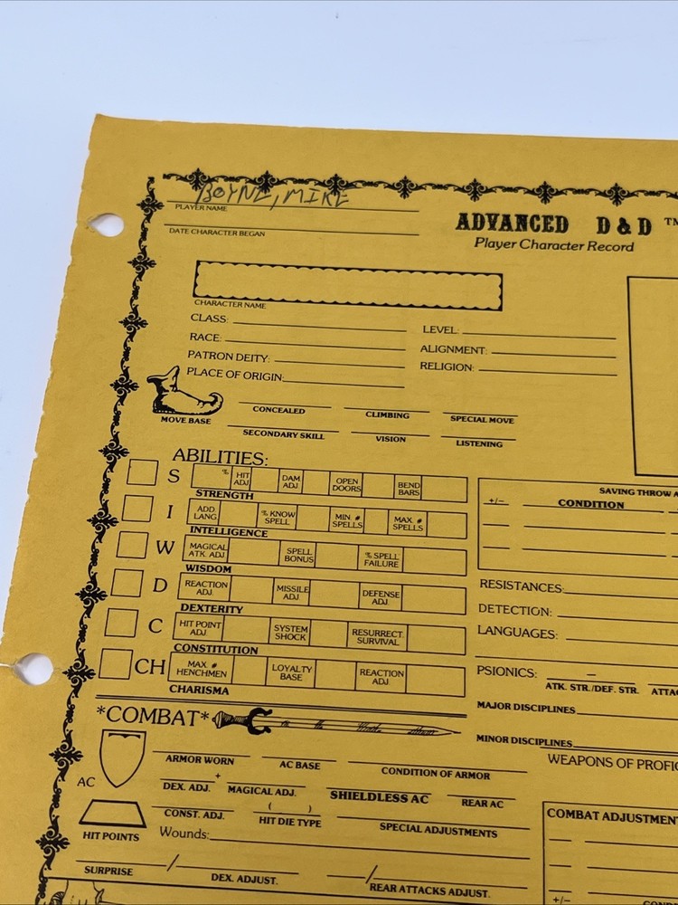 Original AD&D Player Character Record Sheet—Multi Classed Bard Light Use