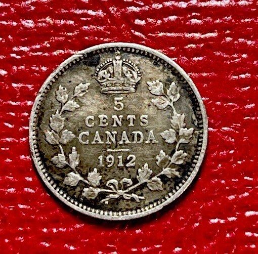 1912 Canada 5 Cent Silver World Coin. ENN Coins