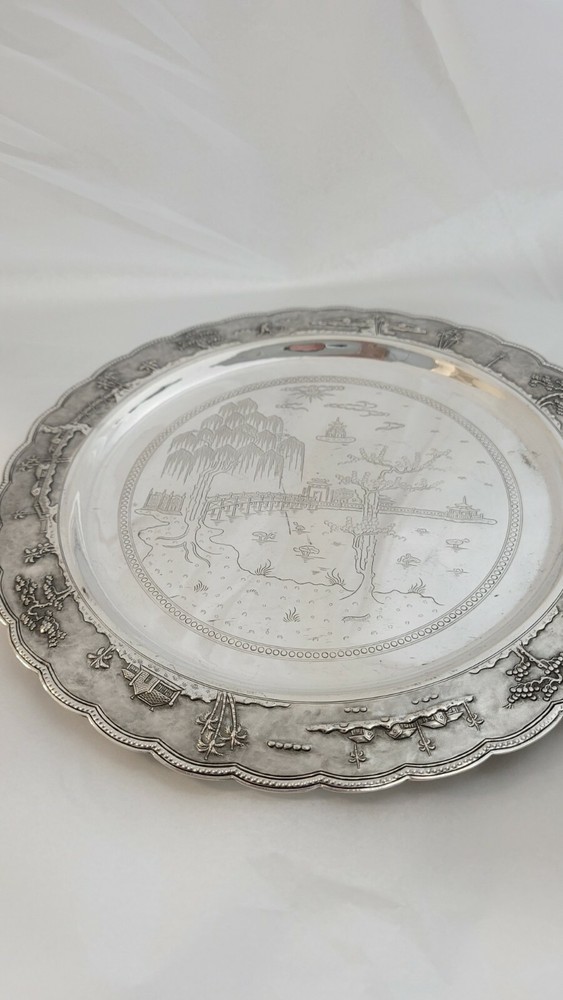 ORIENTAL STERLING SILVER ARCHITECTURAL ROUND TRAY