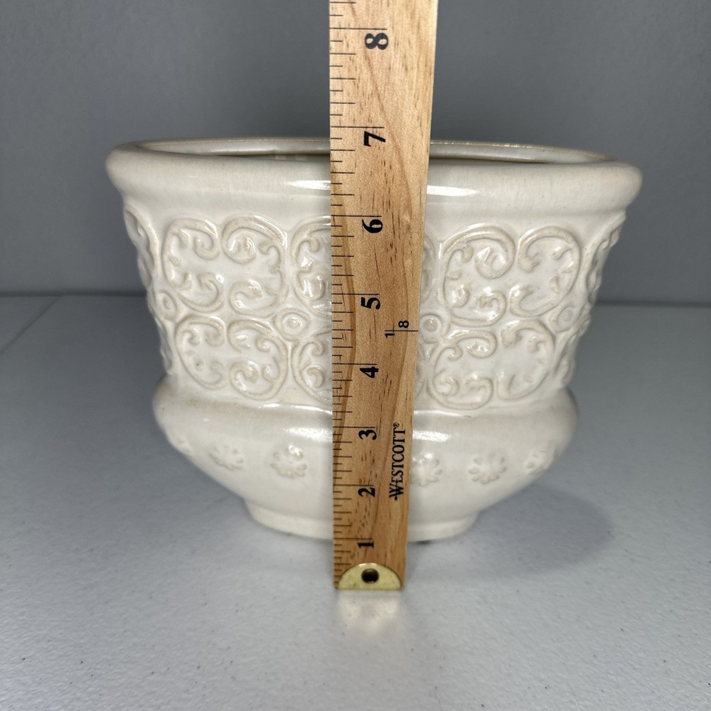 MCM Pottery Ceramic Planter Oval Off White Glazed Scroll Leaf Design Shabby Chic
