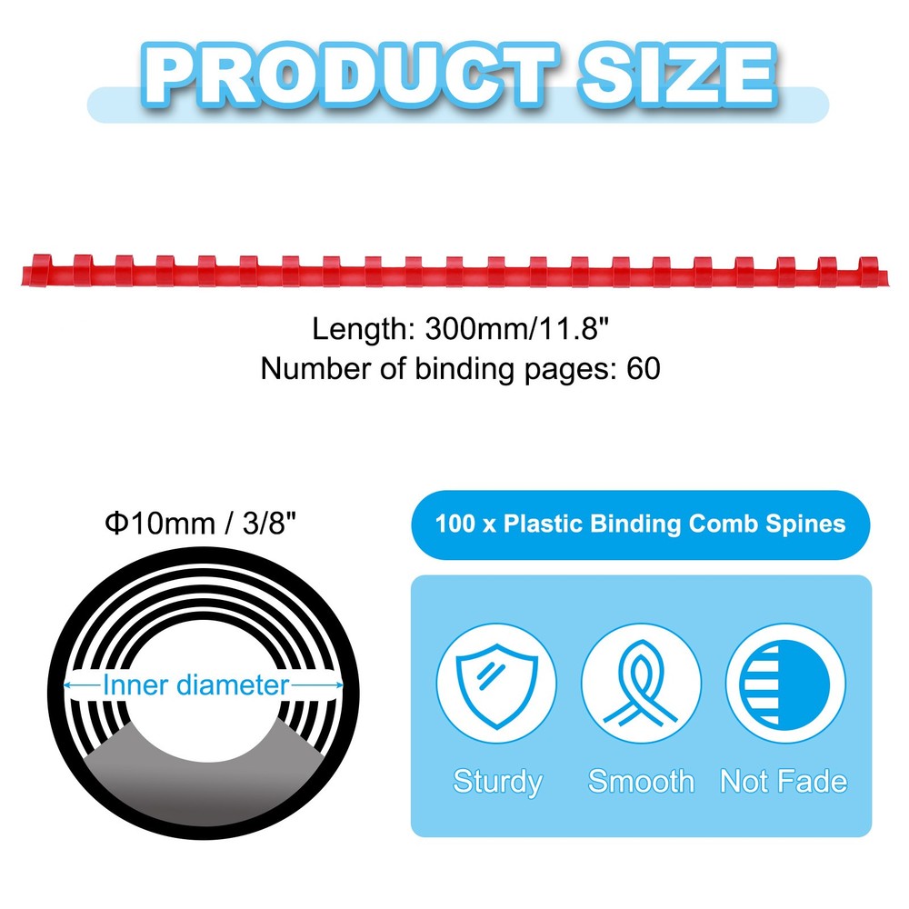 100Pcs 10mm (3/8") Plastic Binding Combs 60 Sheet Capacity 21 Rings, Red