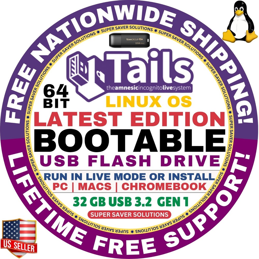 TAILS LINUX OS 6.9.1 Live Boot, 32GB USB Flash Drive 64-Bit, Mac, PC, Chromebook