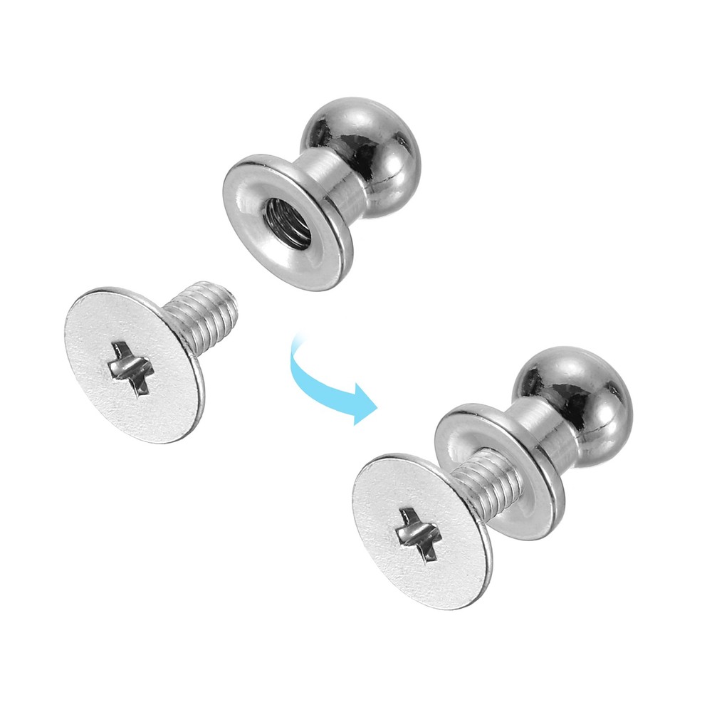 20Sets Brass Ball Head Stud Rivets, 6mm Screw Back Button Nipple Rivet, Silver