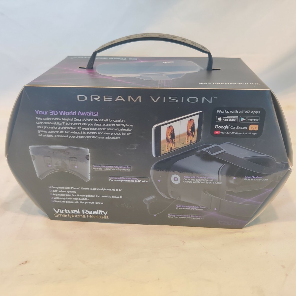 Dream Vision VR Virtual Reality 360 Smartphone Headset Earbuds iOS Android Black
