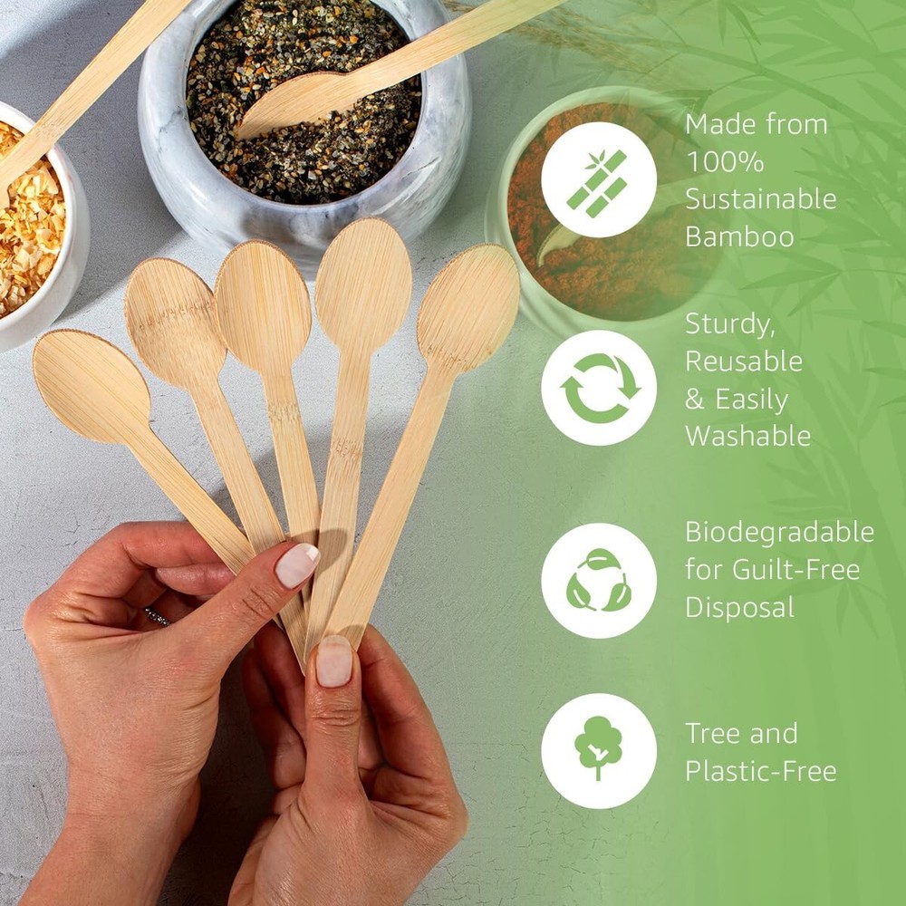 Ibambo 100% Bamboo Spoons - 100 Compostable Spoons, Disposable or Reusable