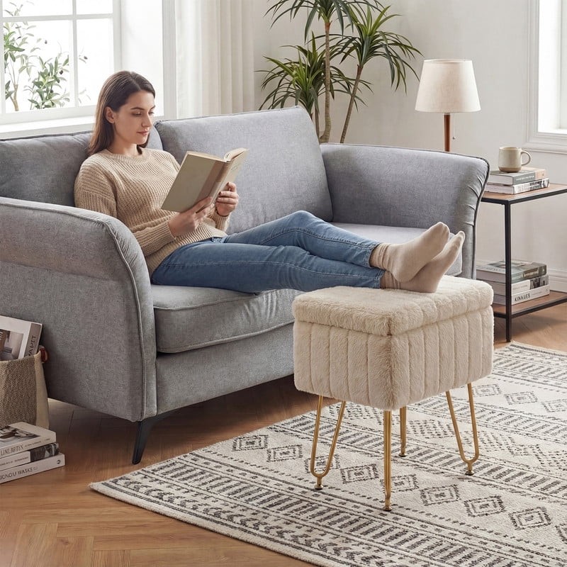 Square Ottoman with Table Top, Comfortable Footrest With Storage