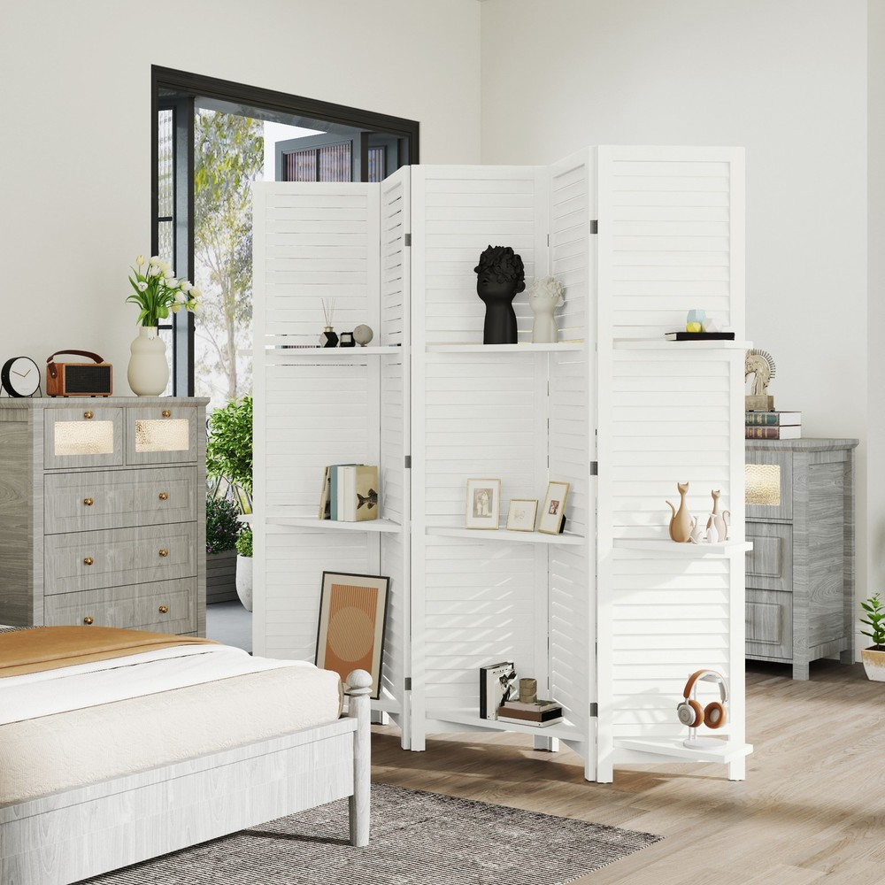 5 Panel Privacy Screen, Room Divider with 3 Shelves White